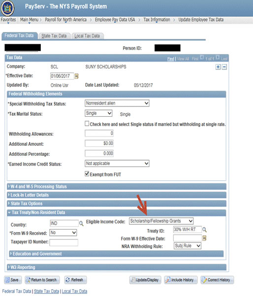 Image of PayServ NYS Payroll System - Federal Tax Data Page