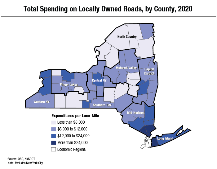 Total spending in 2020 on local roads in NY map.