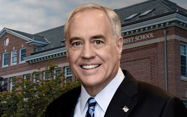 New York State Comptroller Thomas P. DiNapoli superimposed over an image of a brick school building.