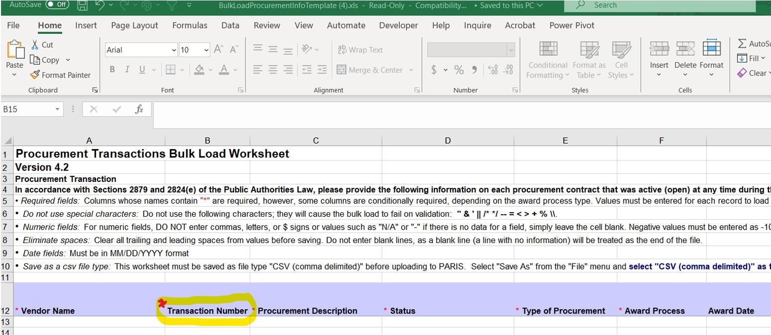 Screenshot - Procurement Transactions Bulk Load Worksheet in Excel