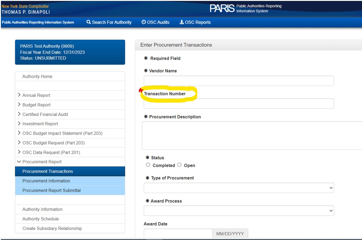 Screenshot of PARIS for Entering Procurement Transactions