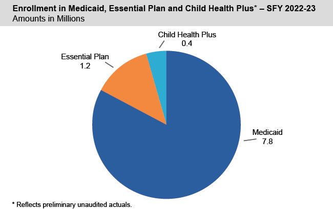 Bar chart of Enrollment in Medicaid, Essential Plan and Child Health Plus