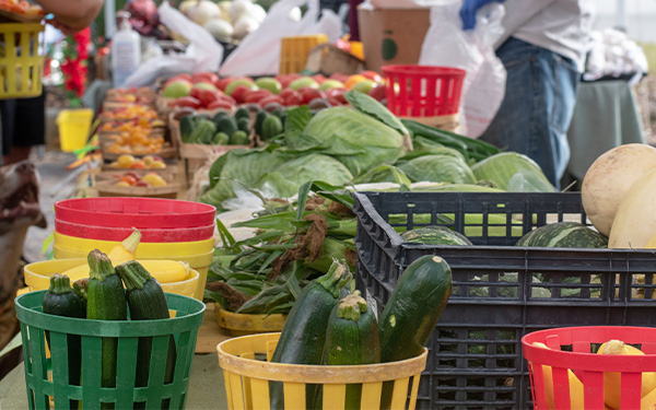 Fruits and vegetables on display at an outdoor farmers market.