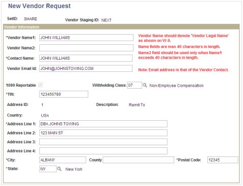 Screenshot of the New Vendor File form