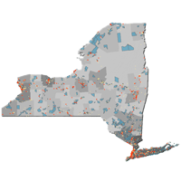 Map of New York State facility permits and registrations for monitoring air quality.