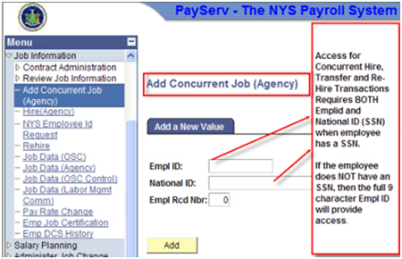 Image of PayServ NYS Payroll System - Add Concurrent Job