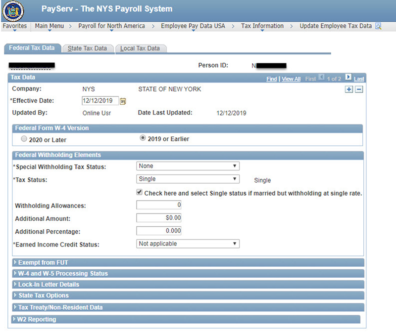 Image of PayServ NYS Payroll System - Federal Tax Data, 2019 or earlier