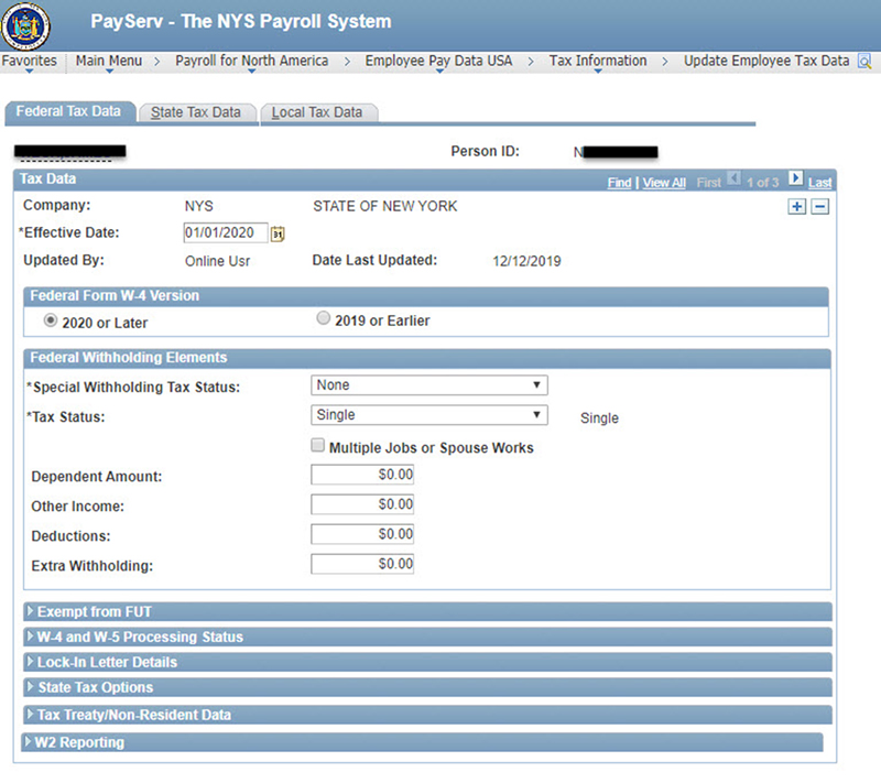 Image of PayServ NYS Payroll System - Federal Tax Data, 2020 or later