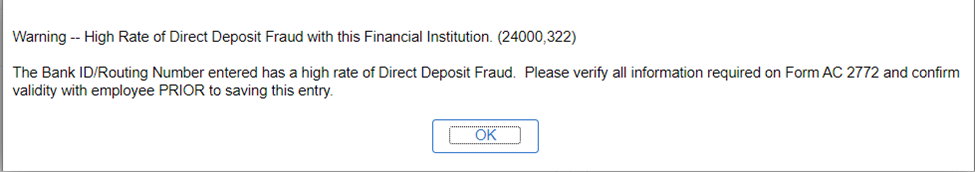 Direct Deposit Fraud Warning Message